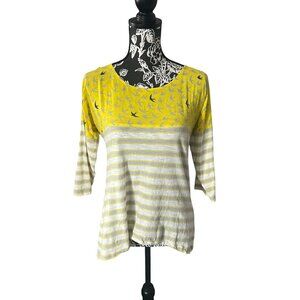 Anthropologie Postmark Womens Top Long Sleeve Yellow Bird Print Small Striped